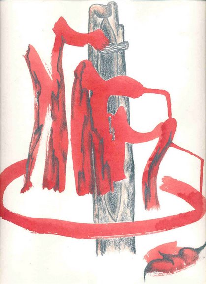 Grafik "Totemtanz" 2001, 40x30 cm, Mischtechnik auf Papier