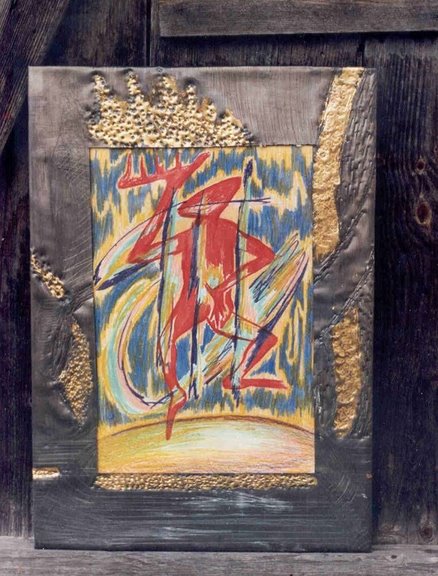 Grafik "Tanzfigur" 1987, 50x30 cm, Farbstift auf Papier, Bleiblech ziseliert und vergoldet