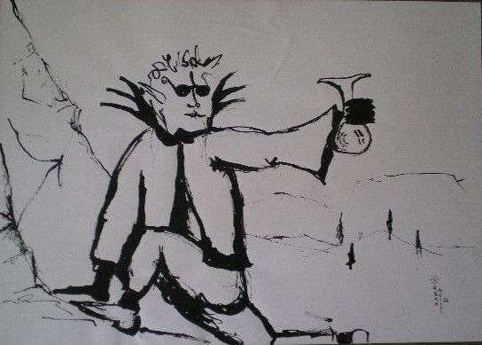 Grafik "Dr. Paracelsius Flucht" 1978, 40x30 cm, Tusche auf Papier