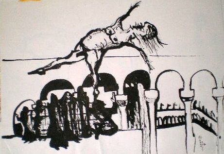 Grafik "Levitation" 1978, 40x30 cm, Tusche auf Papier
