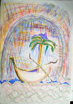 Grafik "Die letzte Palme fhrt ber das Meer" 1982, 40x30 cm, Farbstift auf Papier