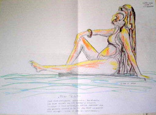 Grafik "Brunnenfigur" 2003, Entwurf fr Bronzeplastik, Farbstift auf Papier