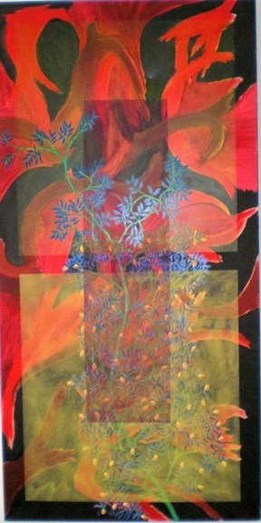 Malerei - "Wilde, blaue Rose" 2004, 140x70 cm, Mischtechnik auf Leinwand