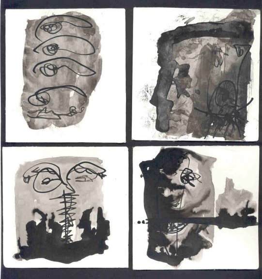 Malerei - "Vier Köpfe" 2002, je 10x8 cm, Tusche auf Papier