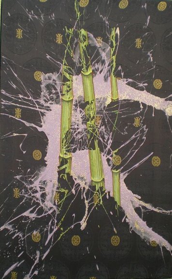 Malerei - "Drei Bambusstäbe" 2002, 90x60 cm, Mischtechnik auf tibetischem Ritualtextil