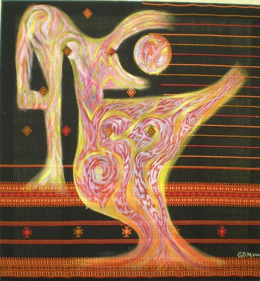Malerei "Urmutter" 2000, 120x80 cm, Öl auf indischem Schal